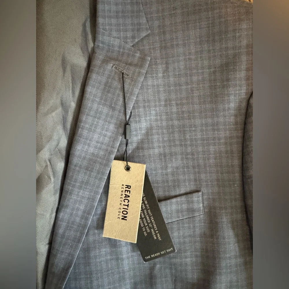 Kenneth Cole Reaction Blazer Blue Gray New with Tags Men’s 48R Plaid Suit Jacket